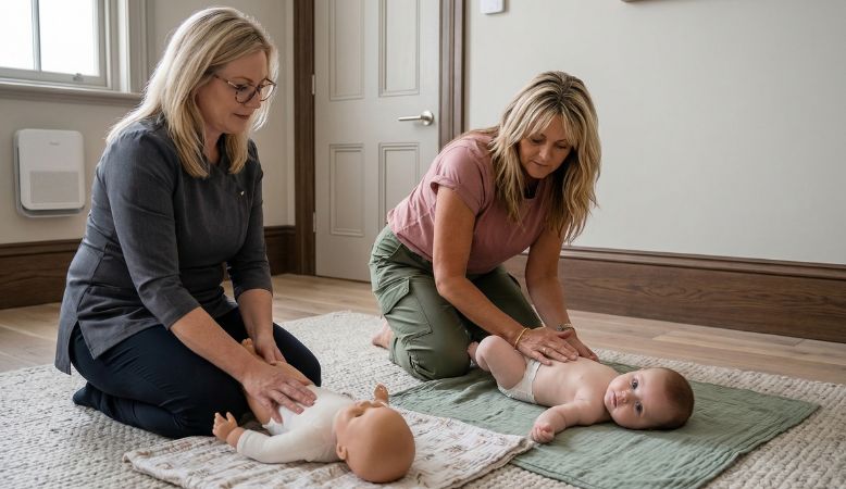 Instructor demonstrating infant massage techniques on a doll